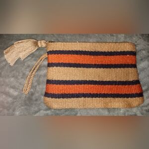 Woven Stripe Wristlet Pouch in Tan, Orange & Navy